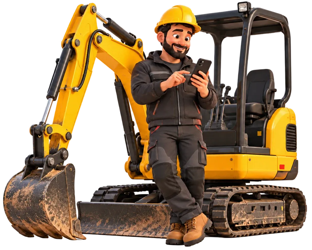 Bauarbeiter mit Smartphone vor einem Minibagger
