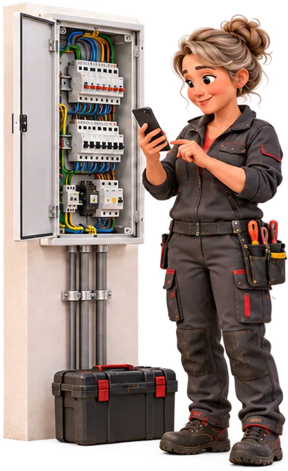 Elektrikerin erfasst ihre Arbeitszeit per App am Schaltschrank