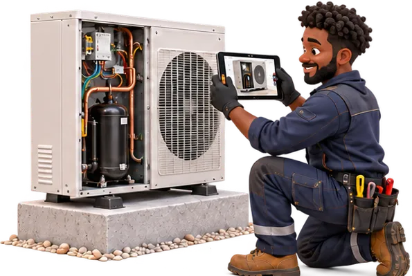 Monteur dokumentiert die Wärmepumpe mit dem Tablet